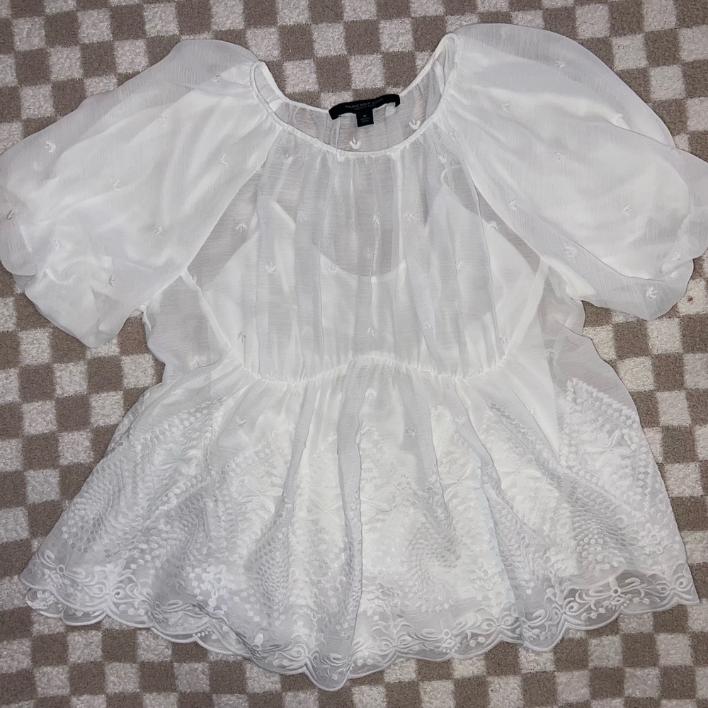 Marc New York - (M) White Embroidered Blouse with Puff Sleeves
